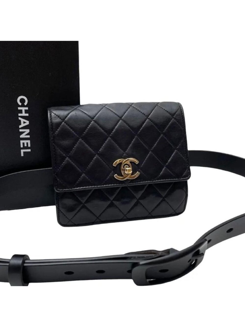 Chanel Quilted Lambskin Waist Belt Bag CC Logo Black